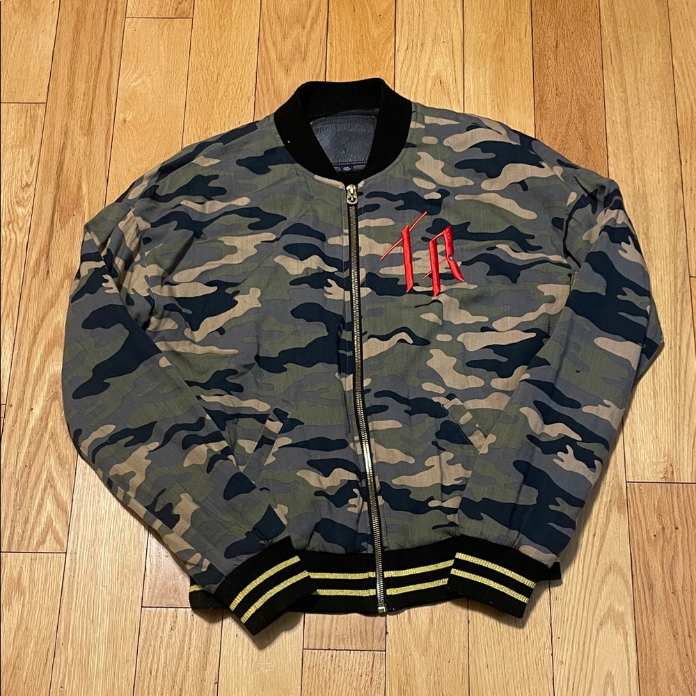True Religion Camouflage Bomber Jacket with Gold Zipper